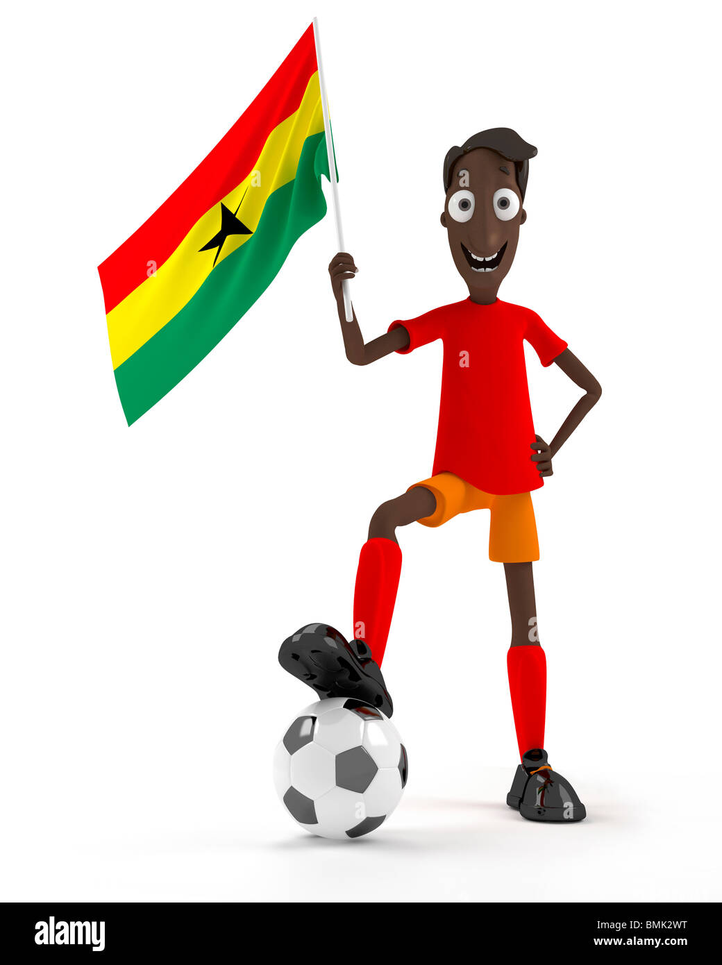 Lächelnd Cartoon-Stil-Fußball-Spieler mit Ball und Ghana Flagge Stockfoto