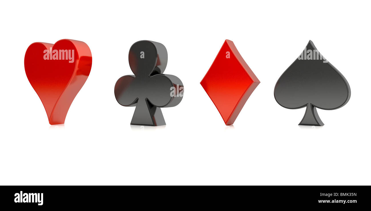 Vier Poker-Kartenelemente in 3D-Formen auf weißem Hintergrund Stockfoto