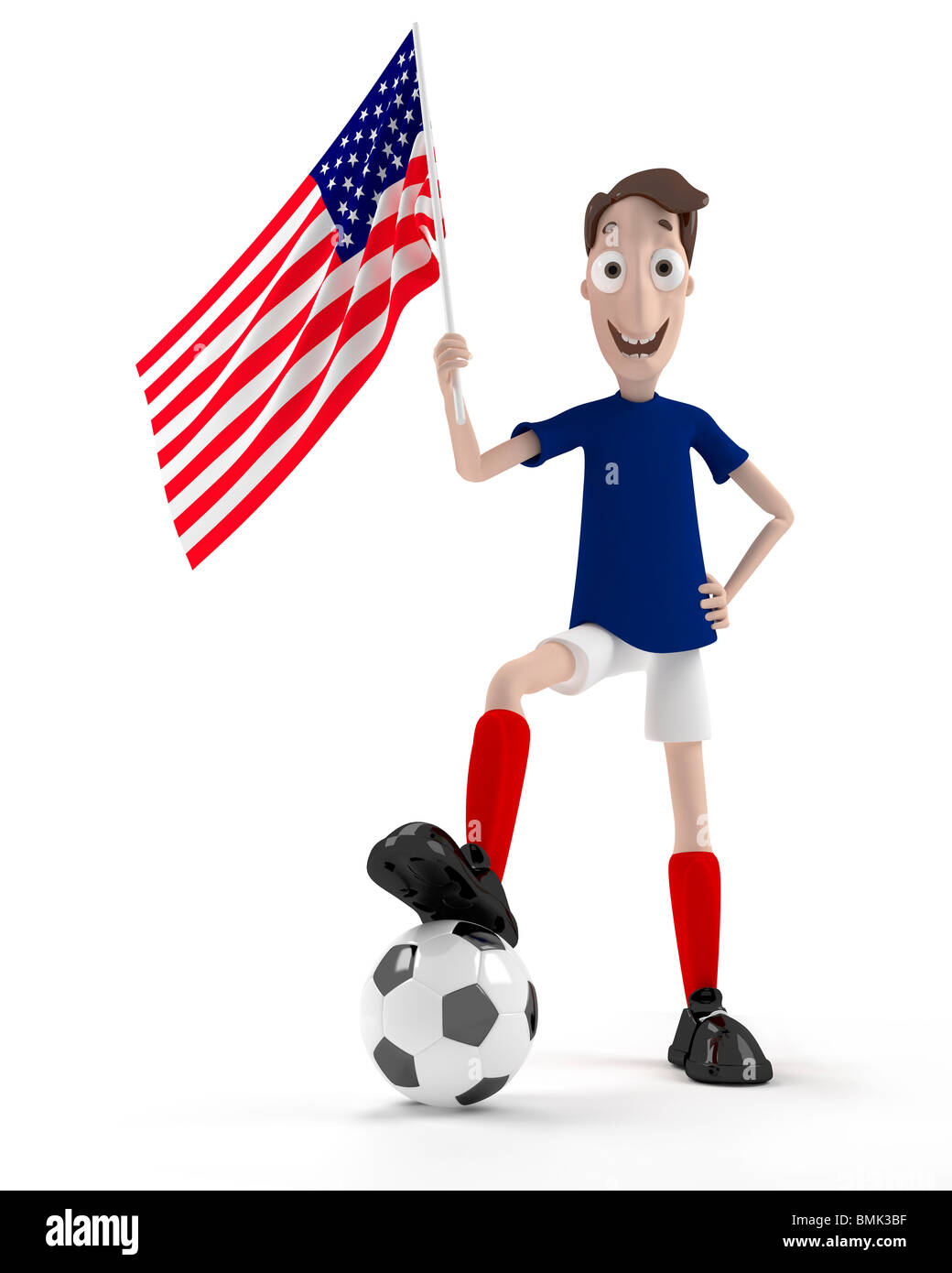 Lächelnde Cartoon Stil Fußballspieler mit Ball und USA-Flagge Stockfoto