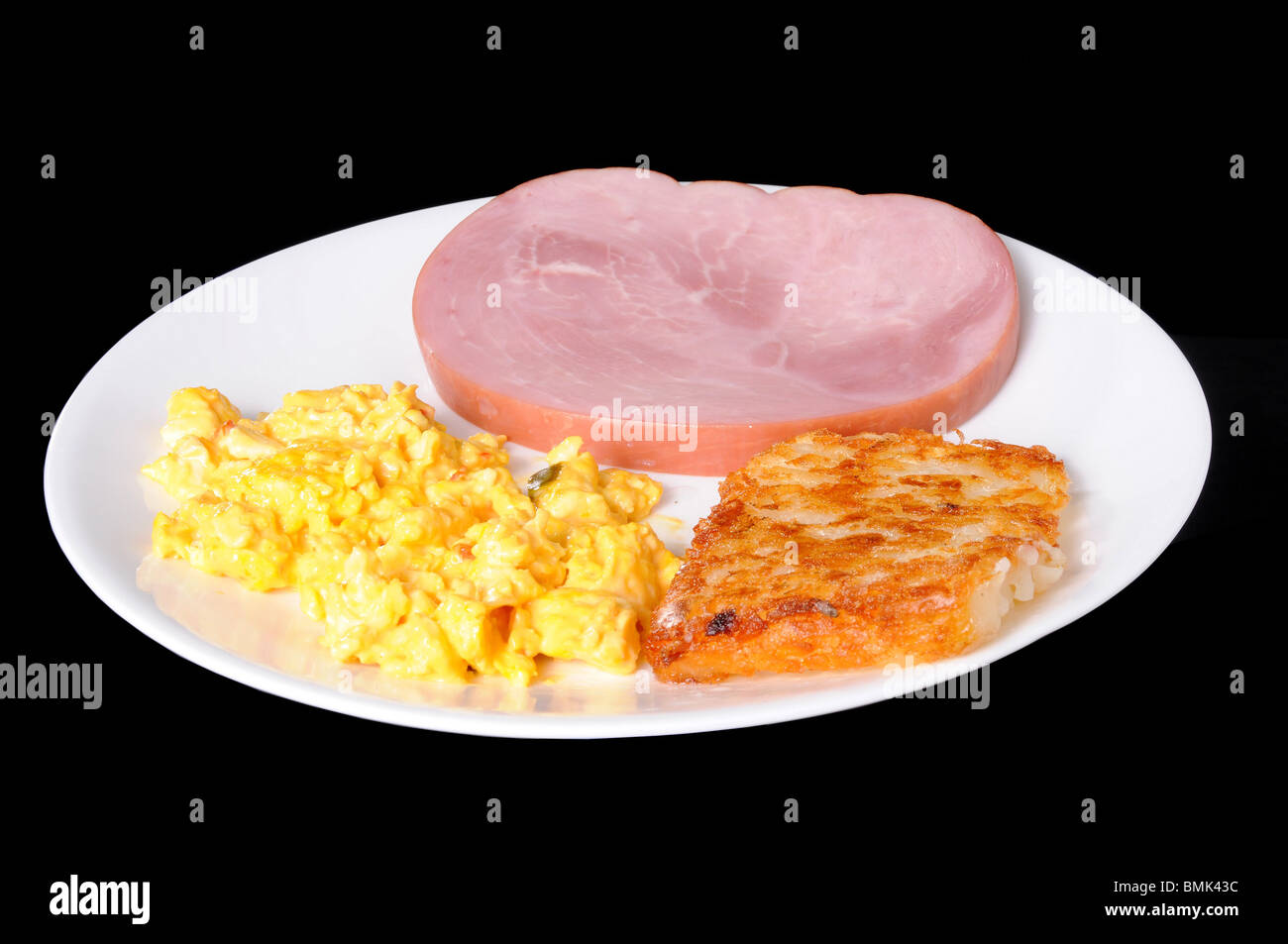 Frühstücksteller Schinken Steakkartoffeln Hash Brown und Mexikanisches Omelette Stockfoto