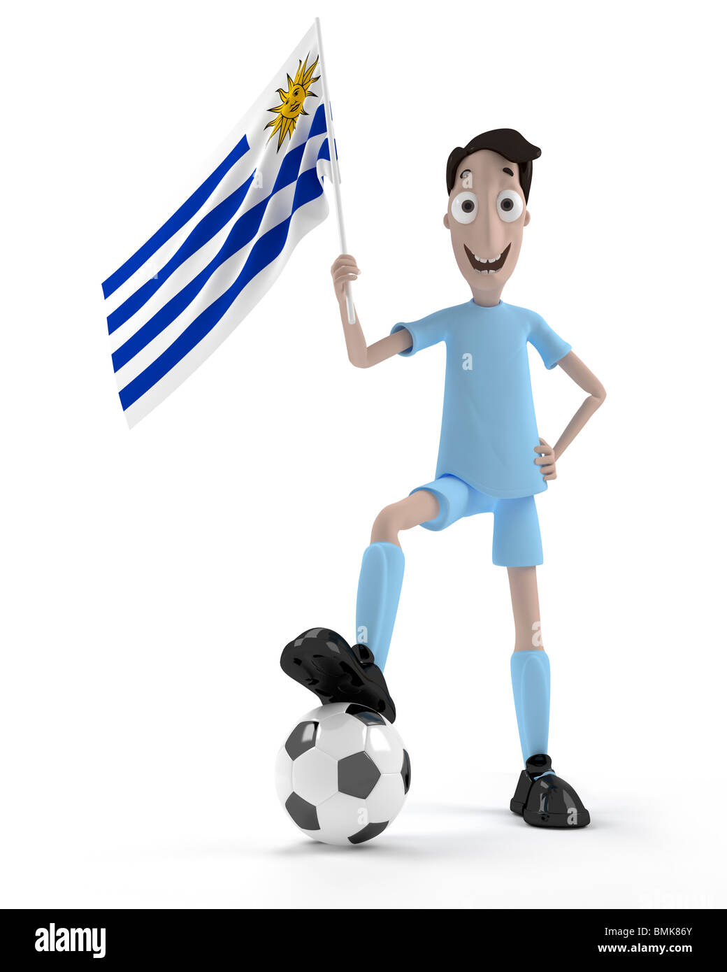 Lächelnde Cartoon Stil Fußballspieler mit Ball und Uruguay-Flagge Stockfoto