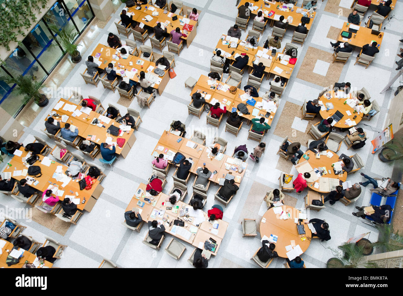 Ansicht der Studenten, die an Schreibtischen sitzen, die in der Shanghai Library, Shanghai, China, studieren Stockfoto