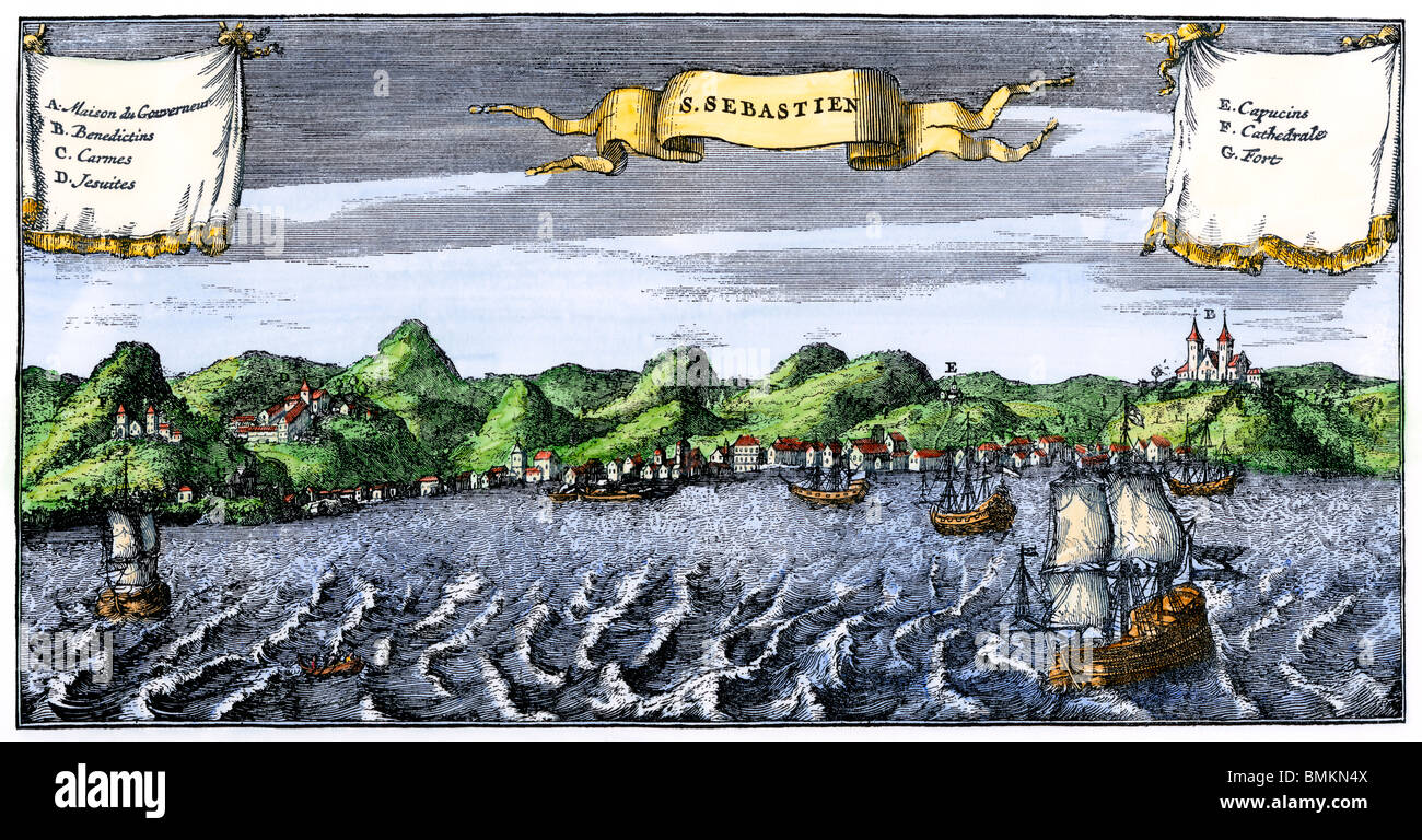 Rio de Janeiro vom Hafen, während eine portugiesische Kolonie, um 1700. Hand - farbige Holzschnitt Stockfoto