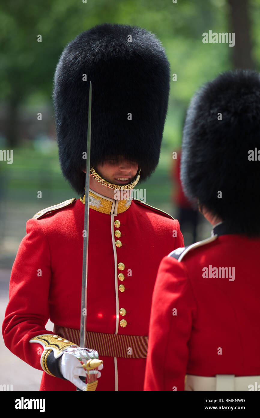 Coldstream Guard kontrolliert von einem Offizier an der Zustand-Öffnung des Parlaments Zeremonie, London Stockfoto