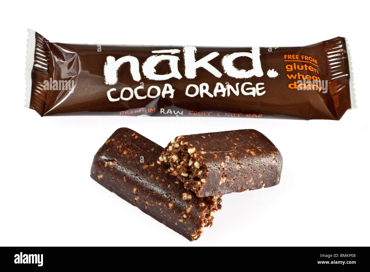 NAKD Kakao orange Premium roh Obst- und Nuss-bar Stockfoto