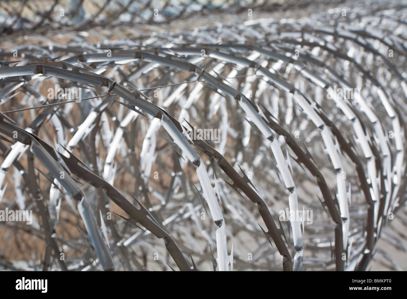 Rollen von Edelstahl-Stacheldraht-Spiralen halten Gefangene vom Maschendrahtzaun Justizvollzugsanstalt in Florida Stockfoto