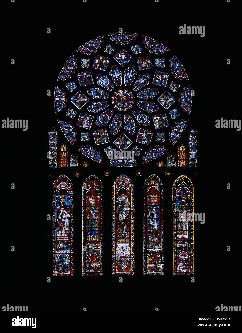 Chartres Kathedrale Notre Dame. Frankreich. Chartres Kathedrale Notre Dame. Nördlichen Querschiff rose Fenster und Lanzetten c. 1220 Stockfoto