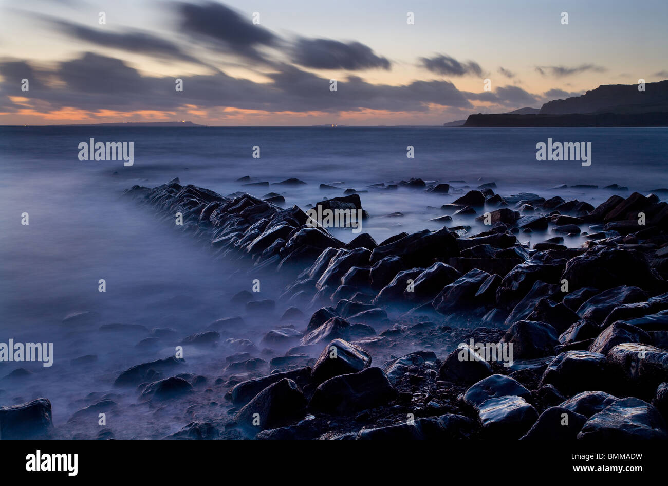 Sonnenuntergang am Clavells Pier, Kimmeridge, Dorset, UK-Teil des UNESCO Welt Kulturerbe Küste Stockfoto