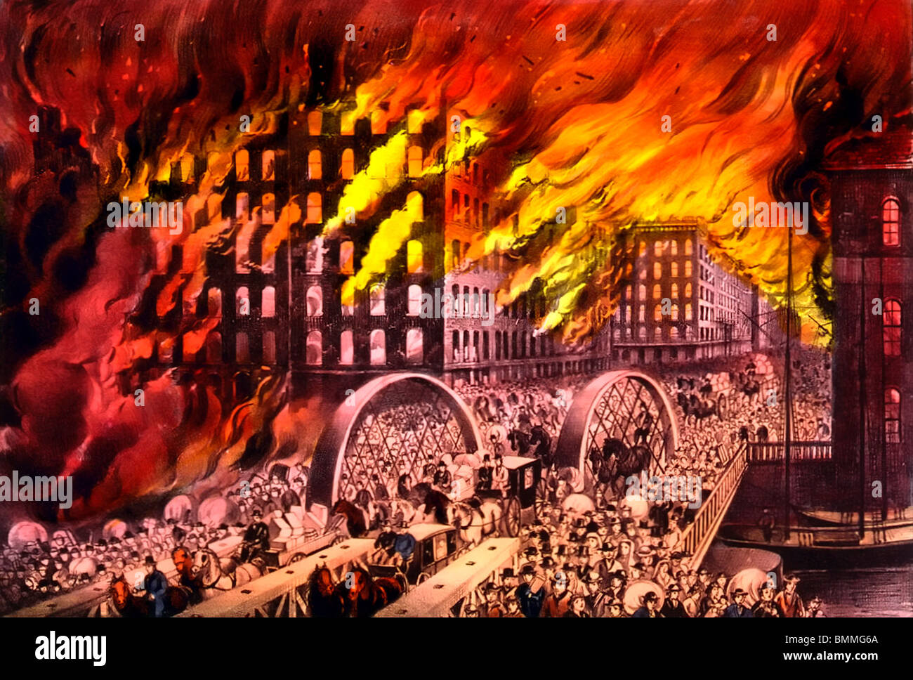 Chicago in Flammen: Szene am Randolph Street Bridge - The Great Chicago FIre 10. Oktober 1871 Stockfoto
