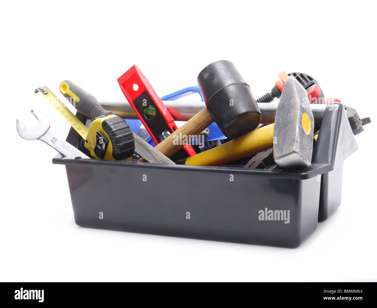 Kunststoff schwarz Toolbox mit Werkzeugen auf weißem Hintergrund Stockfoto