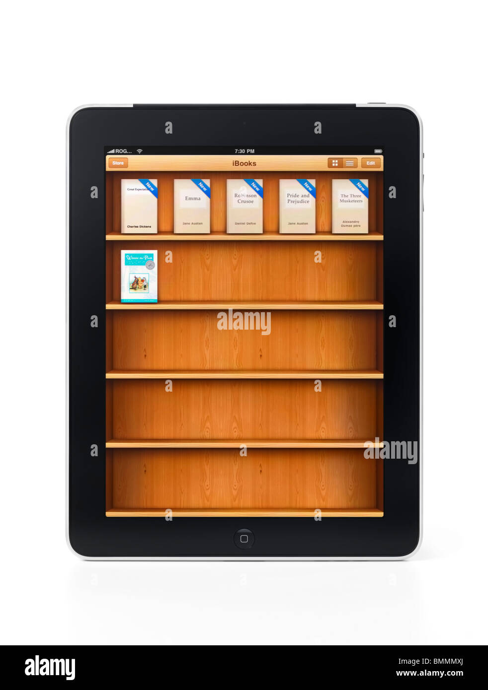 Apple iPad 3G Tablet PC anzeigen Bücherregal Anwendung mit einigen Büchern in den Regalen isoliert auf weißem Hintergrund Stockfoto