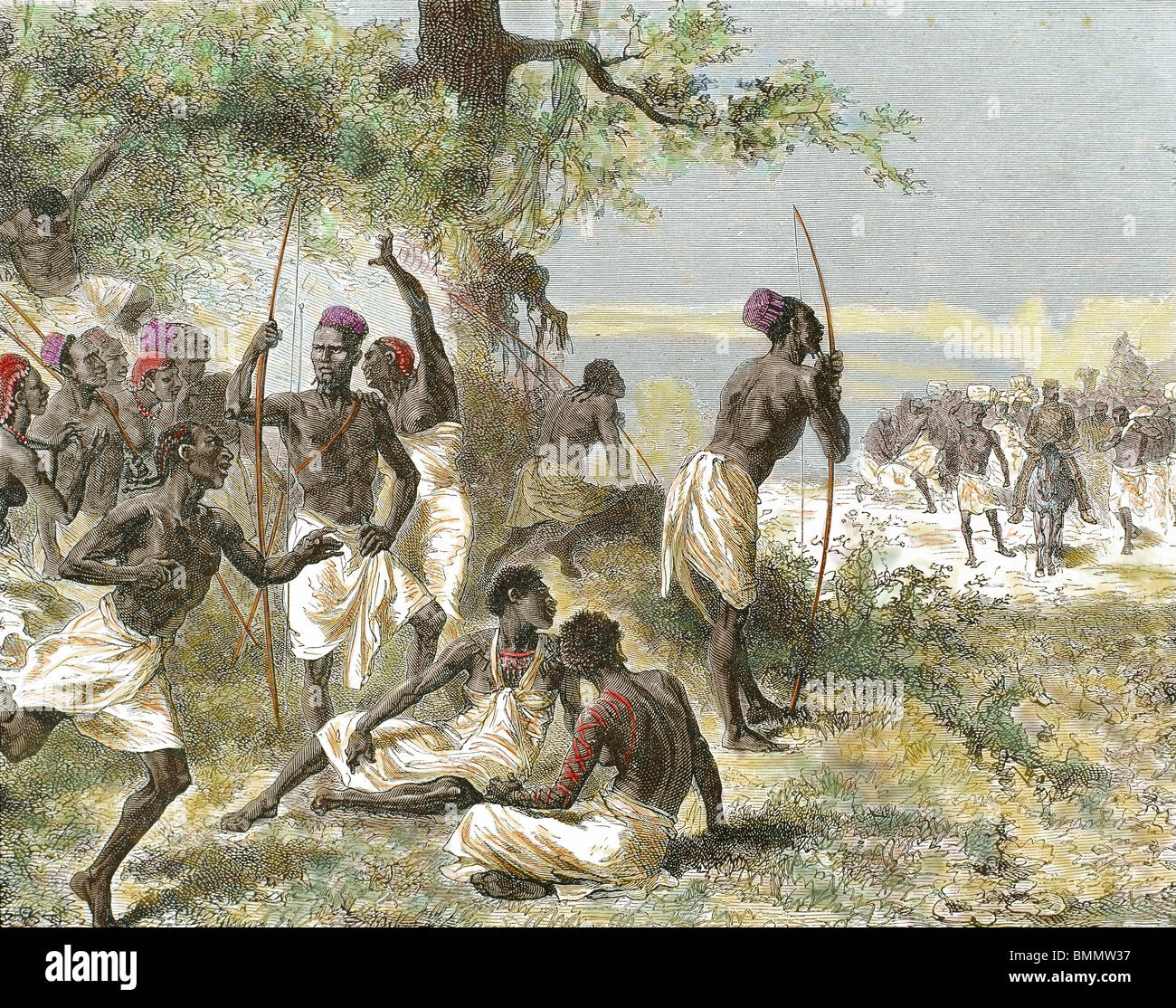 Geschichte Afrikas. Die Karawane von Dr. Livingstone fand eine Gruppe von bewaffneten Eingeborenen. Kupferstich von A. Beatrand. Gefärbt. 1882. Stockfoto