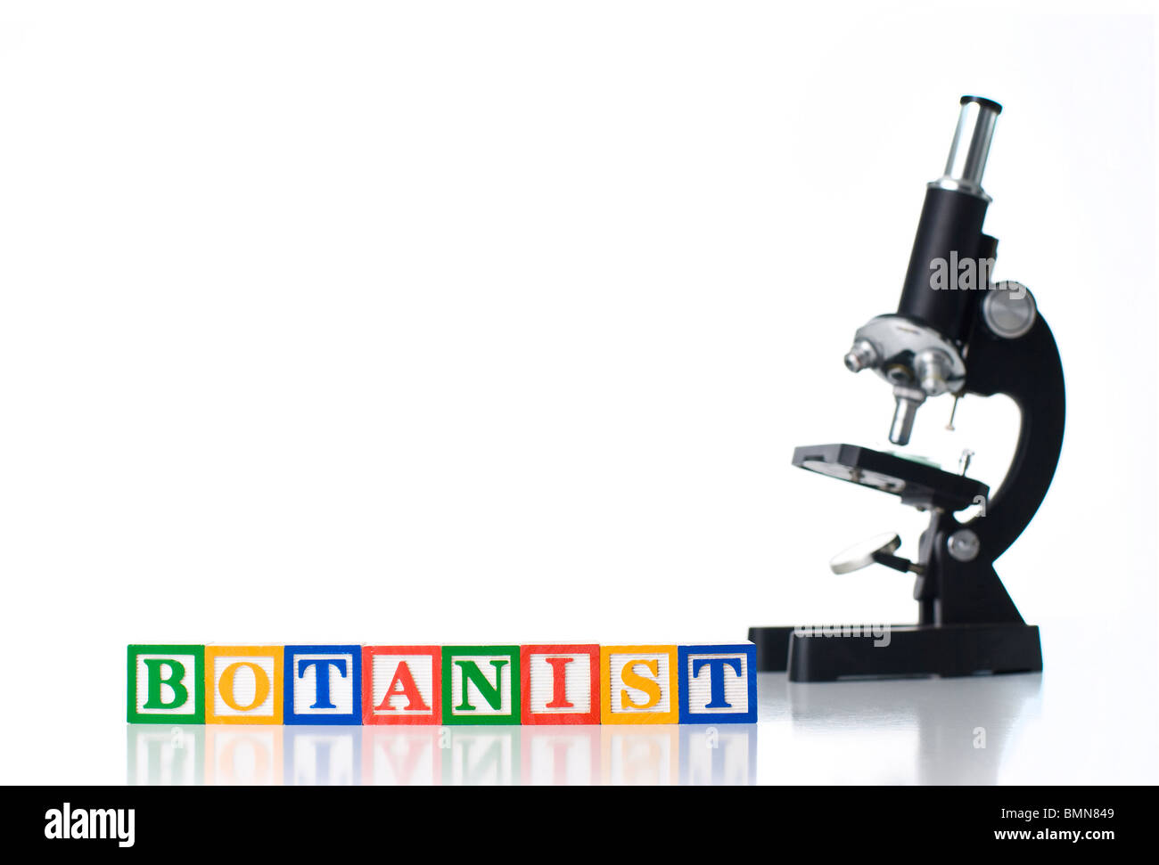 Bunte Kinder-Blöcke Rechtschreibung Botaniker mit einem Mikroskop Stockfoto