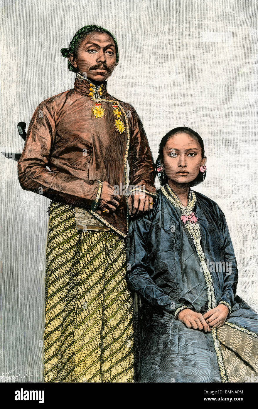 Kaiser und Kaiserin von Surakarta in Java, Indonesien, circa 1890. Hand - farbige Holzschnitt Stockfoto
