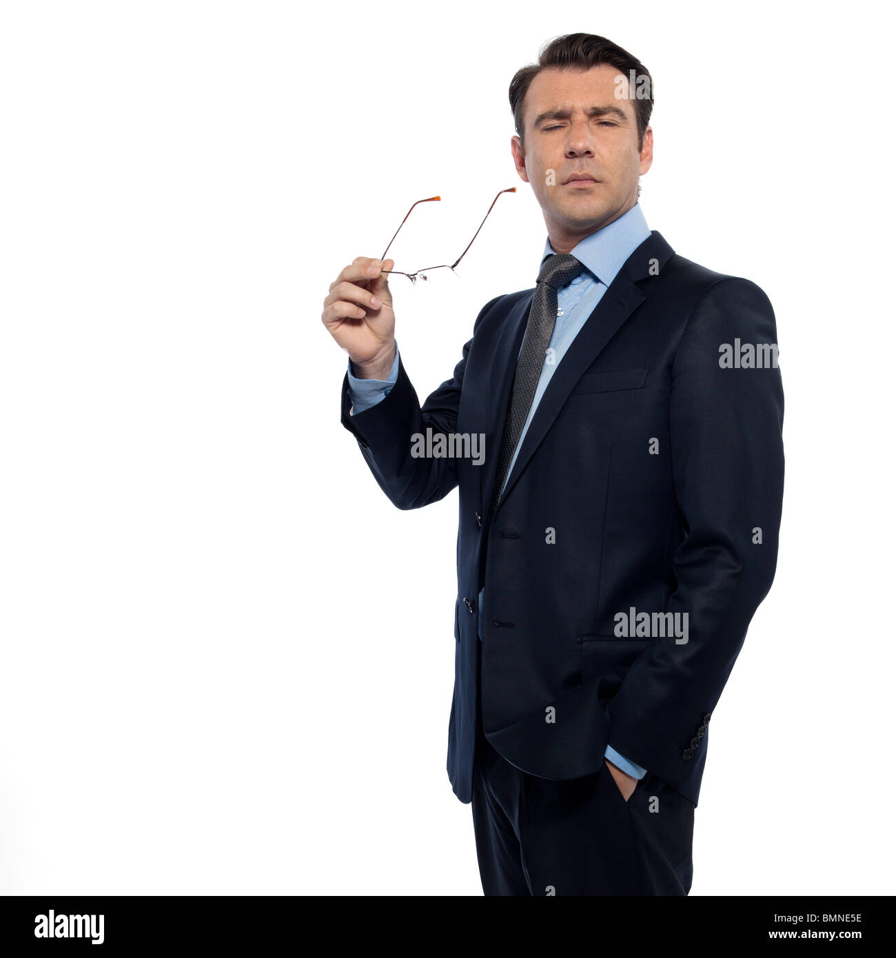 Mann Gläser Geschäftsmann kurzsichtig halten isoliert Studio auf weißen Zeitmessung Stockfoto