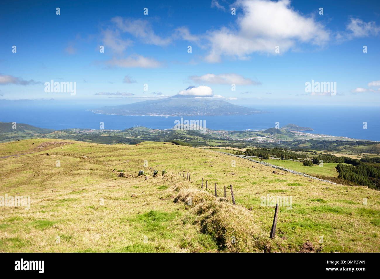 Landschaft der Insel Faial mit Pico im Hintergrund, Azoren, Portugal Stockfoto