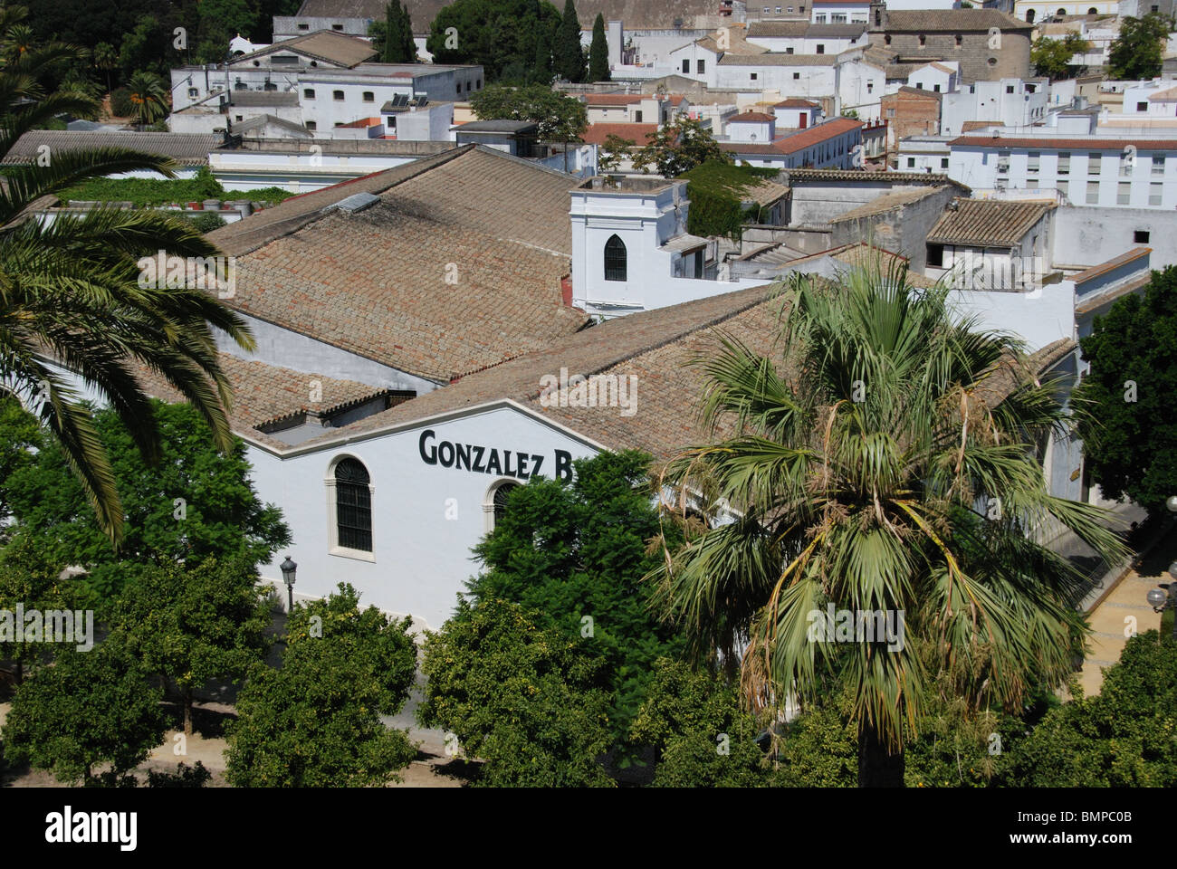 Erhöhten Blick der Provinz Gonzalez Byass Bodega in Jerez De La Frontera, Cadiz, Andalusien, Spanien, Westeuropa. Stockfoto