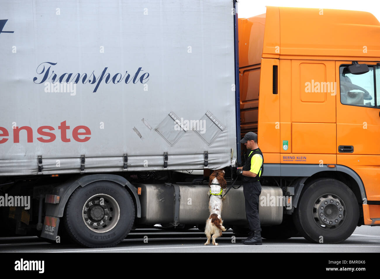 Calais Frankreich Sicherheitsbeauftragter Prüfung LKW mit Spürhund Stockfoto
