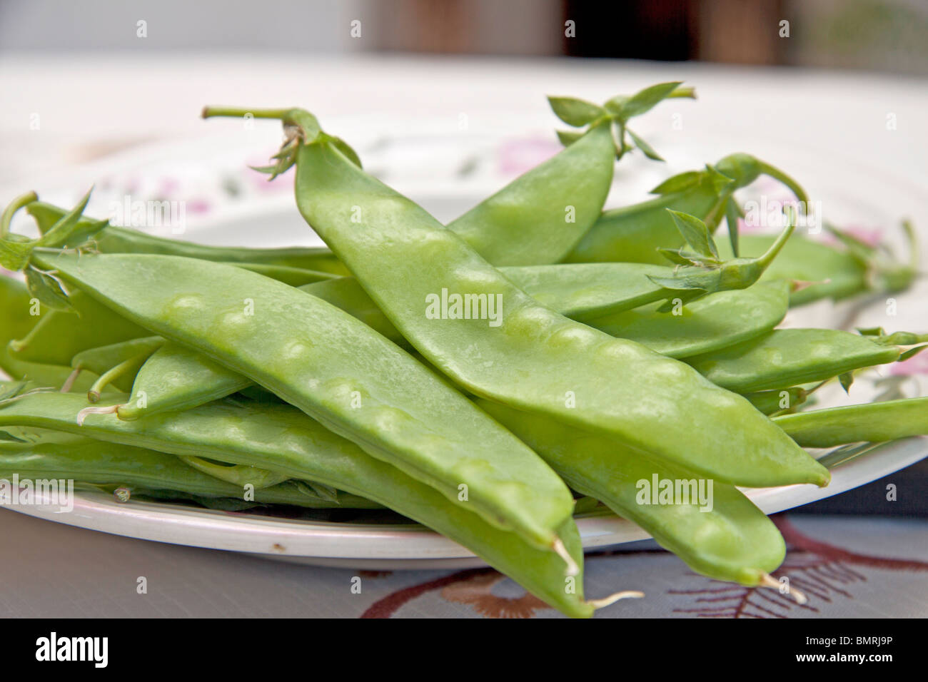 frische grüne Erbsen, frisch gepflückt auf eine Platte gelegt. Stockfoto