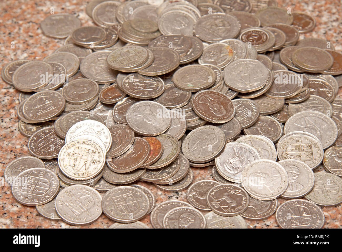 Mauritianer Münzen, Rupien und Cent Stockfoto