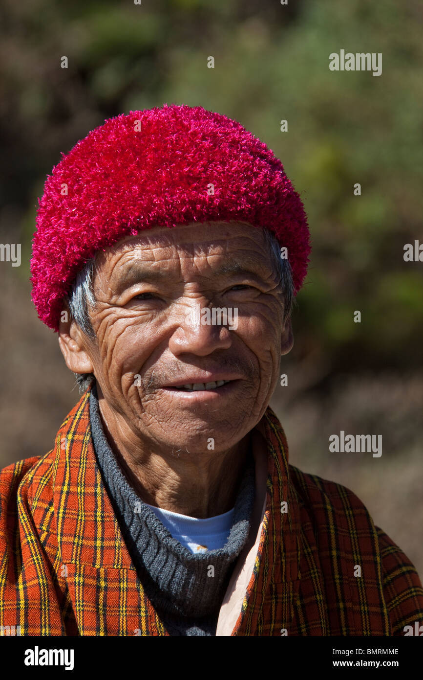 Enge Porträt des alten Mannes, Bumthang Bhutan Stockfoto