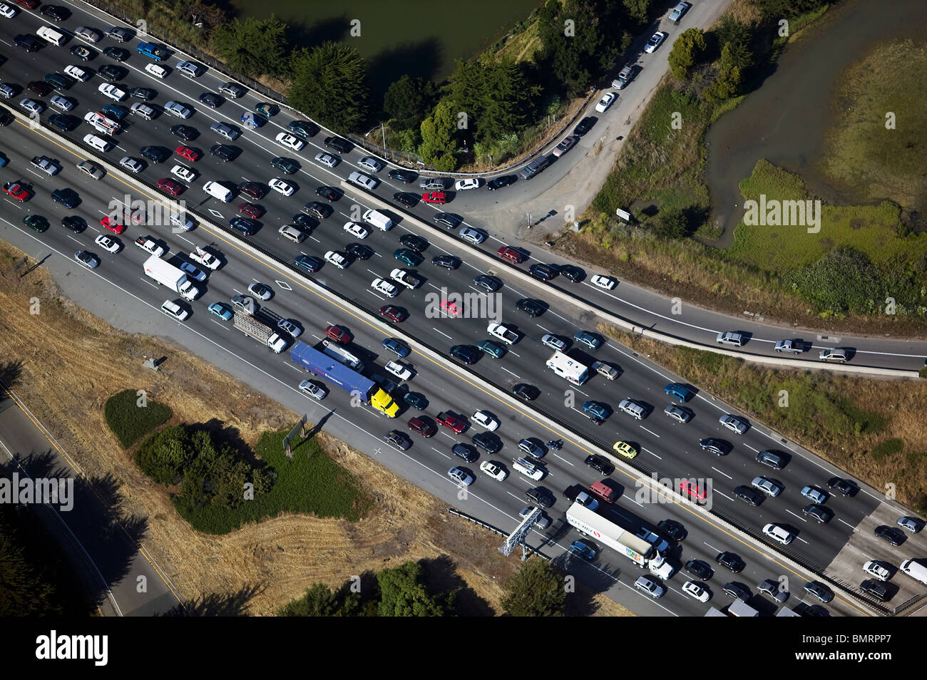 Luftaufnahme über Traffic jam interstate 80 Emeryville Berkeley California Stockfoto