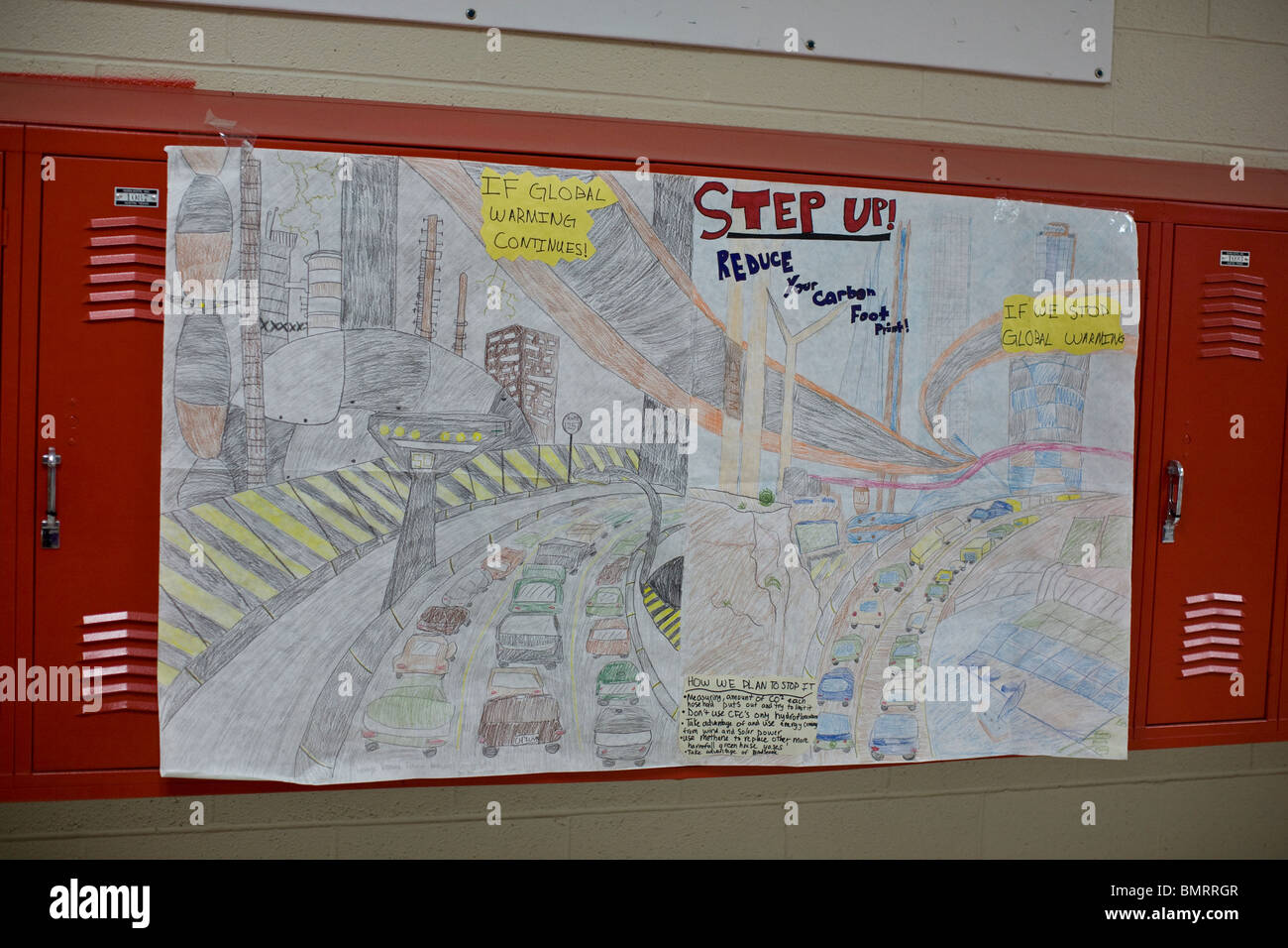 Plakat zum Klimawandel angezeigt im Flur an der Kealing Middle School in Austin, Texas, USA Stockfoto