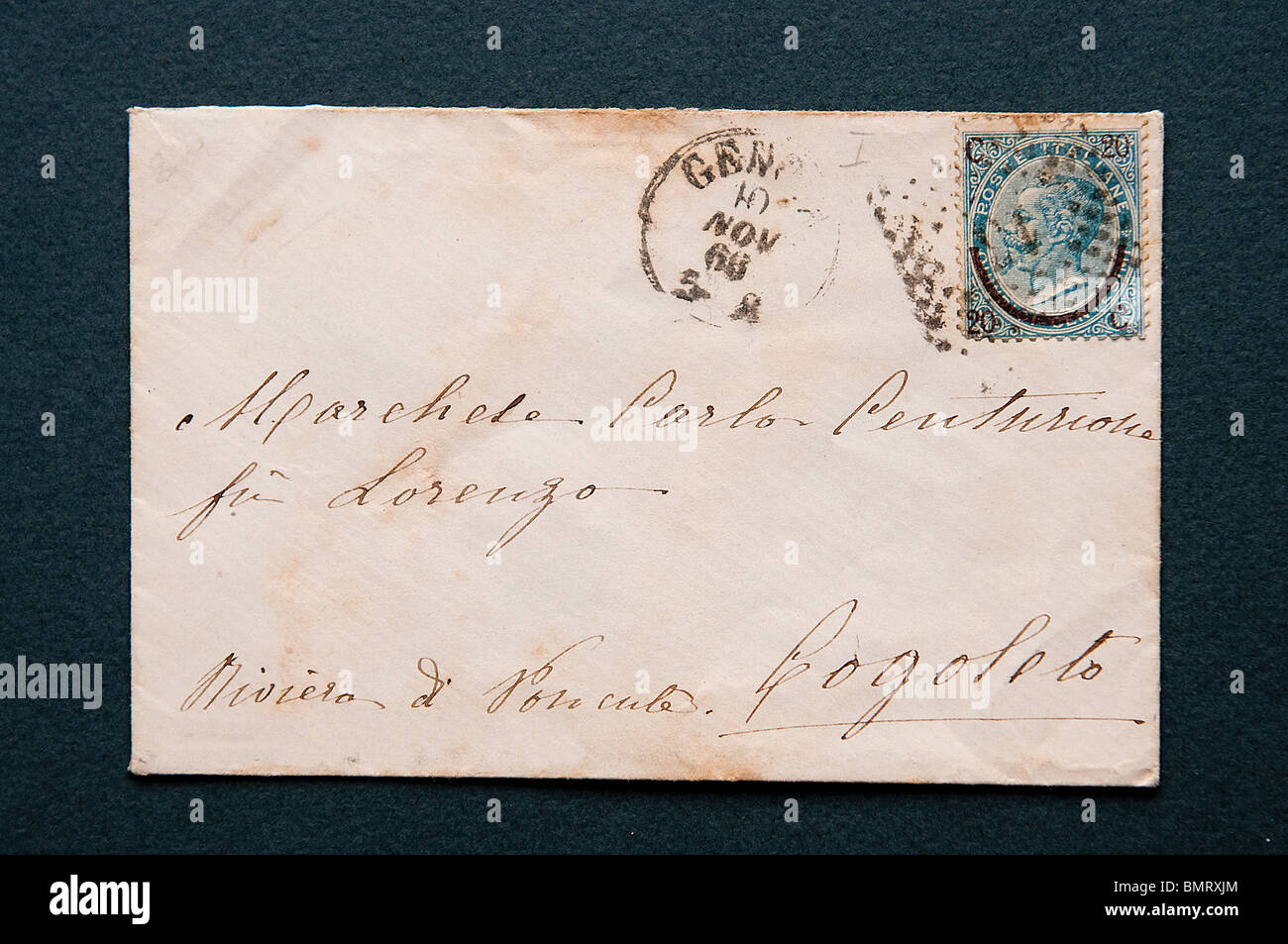 Einen Umschlag mit 20 Cent. Italien-Königreich Stempel 1865 mit dem Bildnis von Vittorio Emanuele II König von Italien Stockfoto