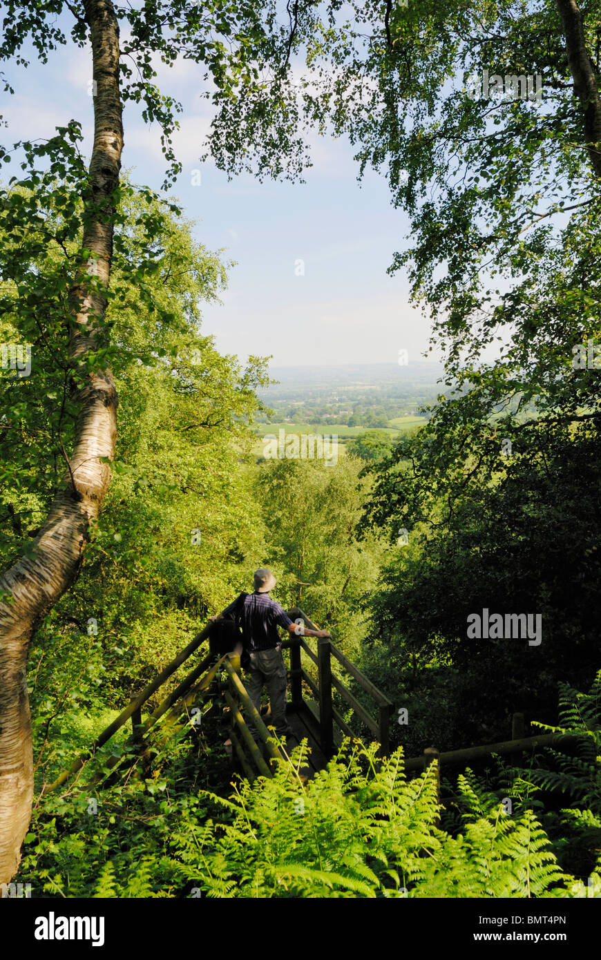 Genießen Sie den Blick über den Cheshire-Ebenen aus Sandstein Trail Walker. Stockfoto