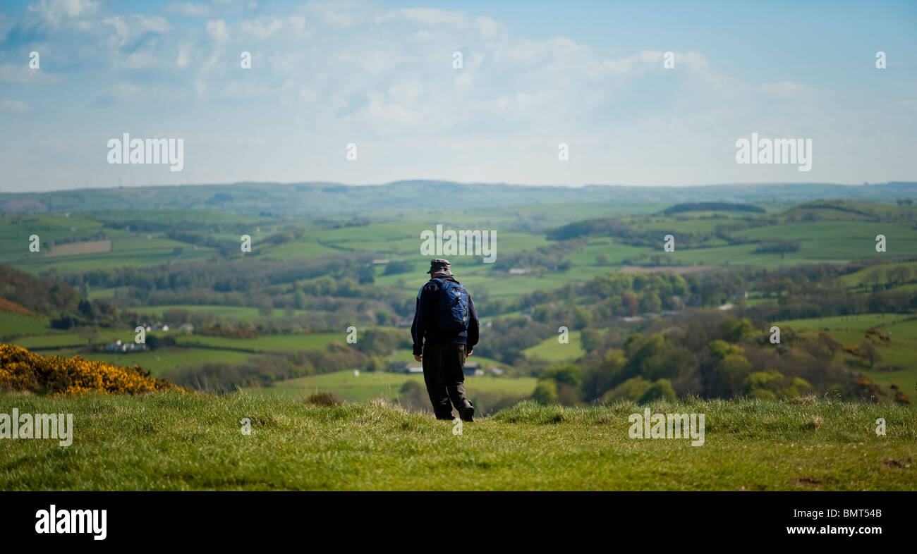 Rückansicht eines älteren Mannes allein zu Fuß auf einem Hügel in der Mitte Wales an einem Frühling Nachmittag, UK Stockfoto