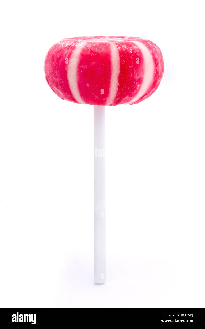 Rosa und weiße gestreifte Candy Lollipop über weiß Stockfoto