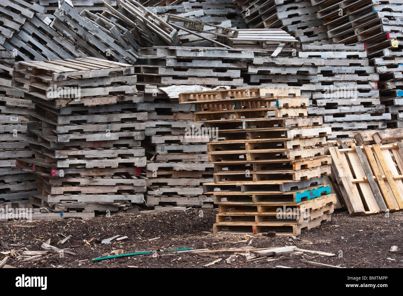 Paletten, die in einem Recycling-Unternehmen in Mason County, Michigan, USA gestapelt sind. Stockfoto