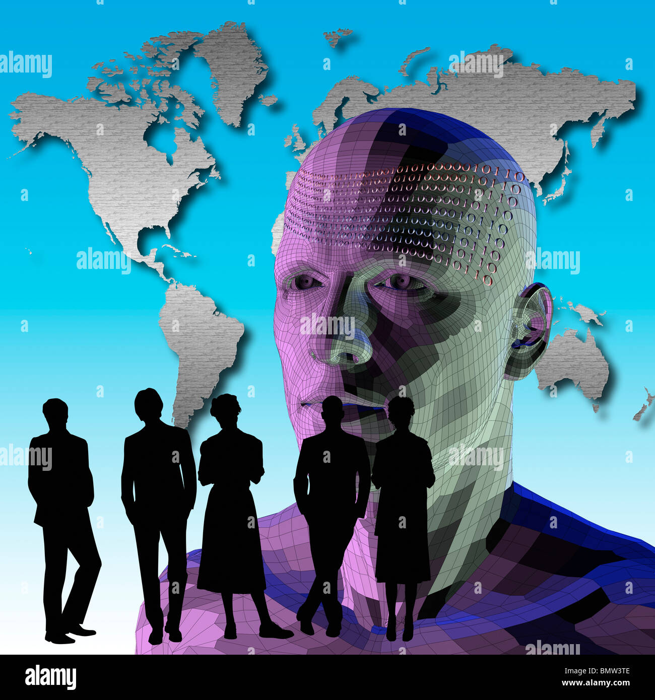 Menschen auf der Suche in einem digitalen Mensch oder Roboter mit Binärzahlen vor eine Karte der Welt Stockfoto