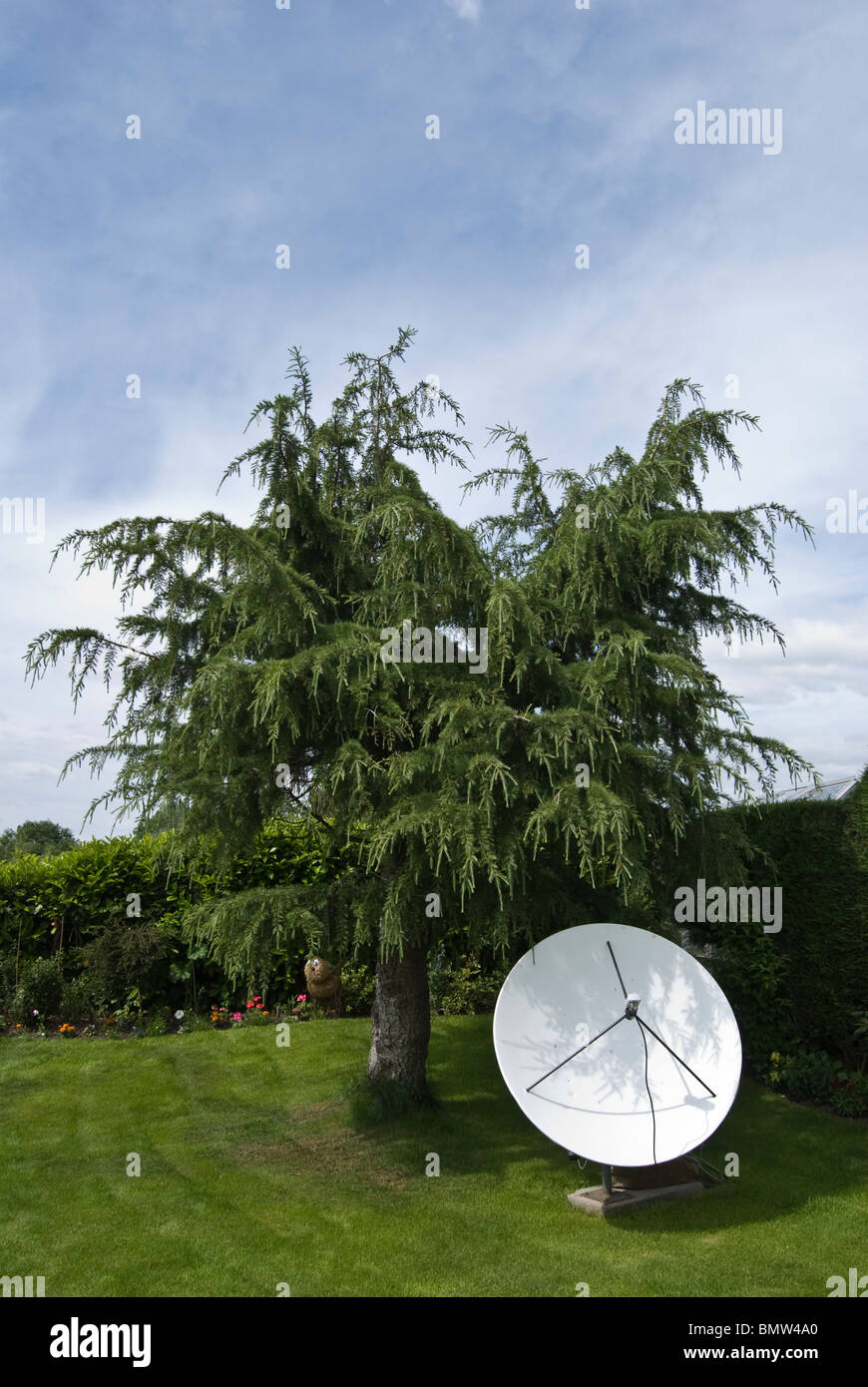 großen motorisierten Himmel Satellitenschüssel im Garten Stockfoto