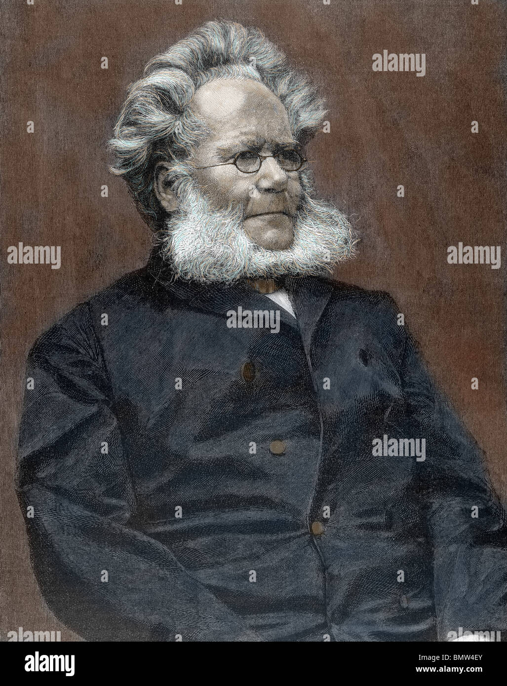 Ibsen, Henrik (Skien, 1828-Christiania, 1906). Norwegischer Schriftsteller. Farbige Gravur. Stockfoto