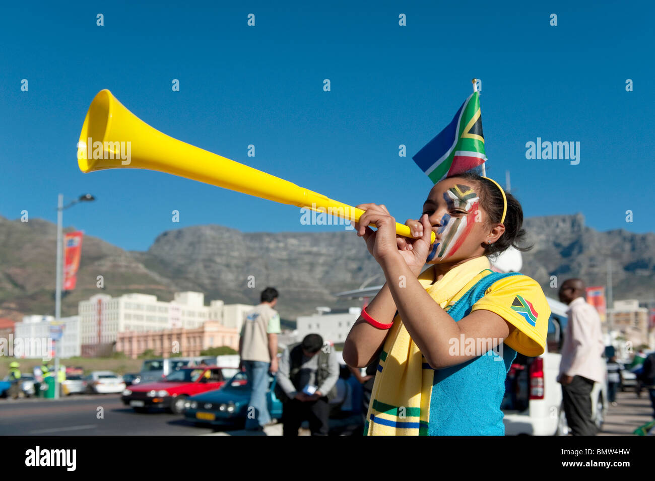 South African Fan bei FIFA WM 2010 Cape Town in Südafrika Stockfoto