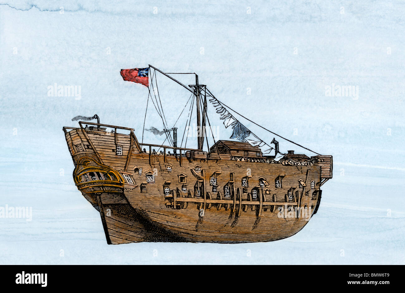 Captain James Cooks Schiff 'Discovery'. Hand - farbige Holzschnitt Stockfoto