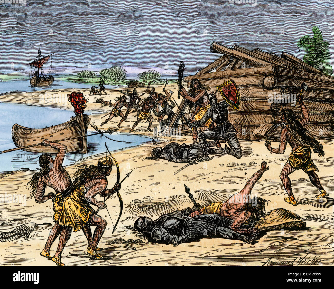 Viking Expeditionsleiter Thorwald tödlich von Eingeborenen an der Küste von Kanada verwundet, 1002 AD. Hand - farbige Holzschnitt Stockfoto