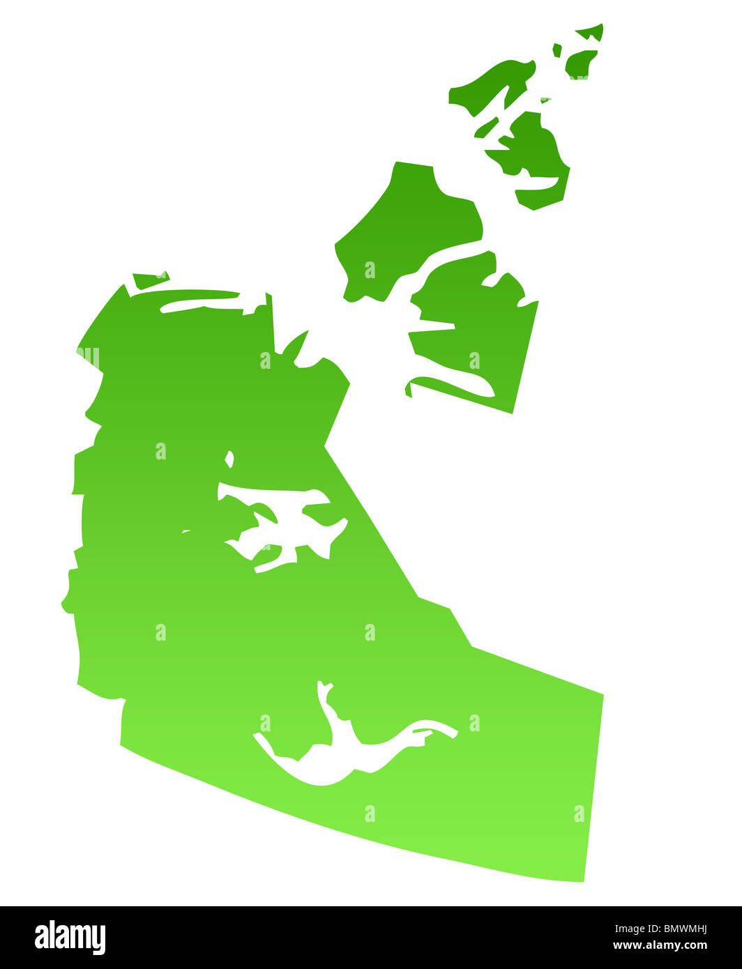 Karte der kanadischen Provinz der nördlichsten Gebiete in grün, isoliert auf weißem Hintergrund. Stockfoto