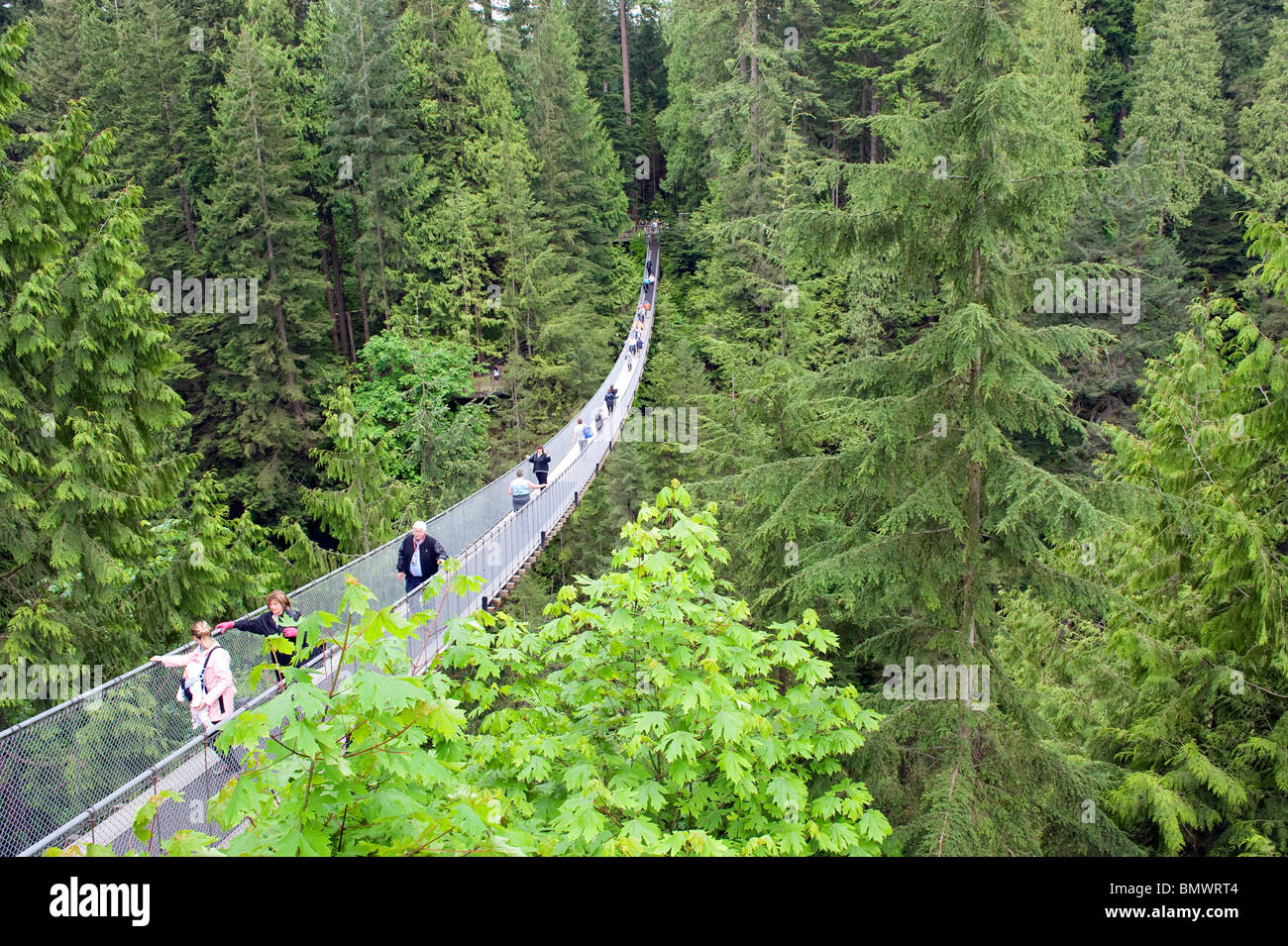 Menschen, die zu Fuß über die Capilano Suspension Bridge in Vancouver, Kanada Stockfoto