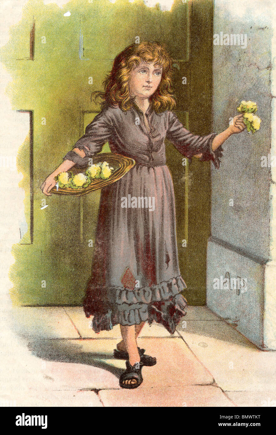 Junges Mädchen und einen Korb mit Blumen Stockfoto