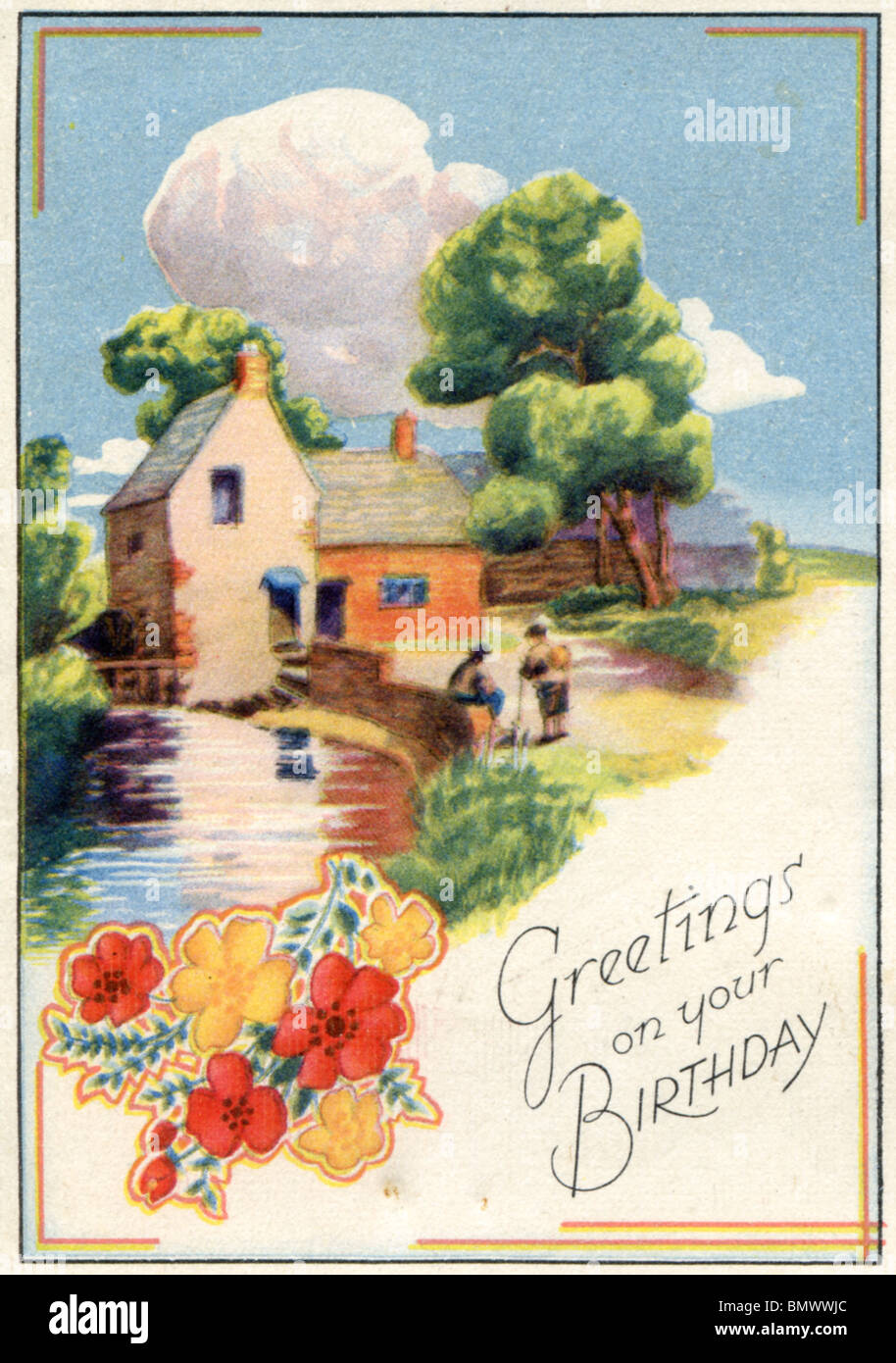 Geburtstagskarte - Wassermühle Stockfoto
