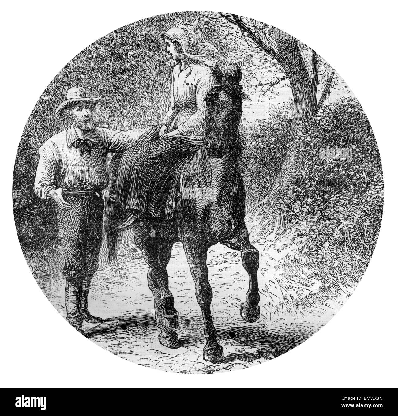 Er setzte sie auf sein Pferd Stockfoto