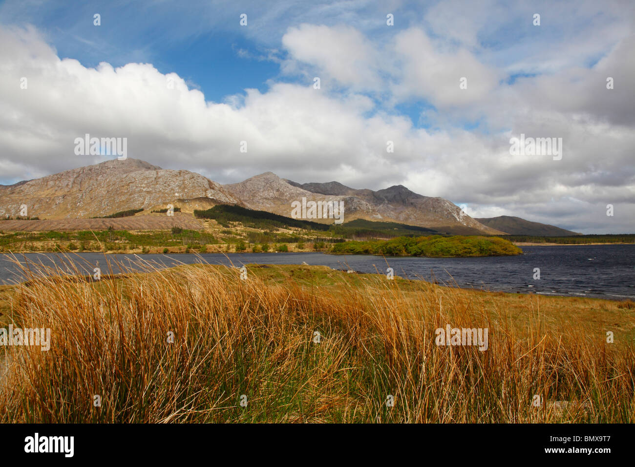 Lough Inagh und twelve Pins, Connemara Nationalpark, Co Galway, Westirland, Eire. Stockfoto
