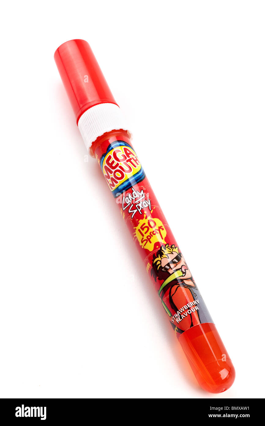 Rohr-Spray von Mega Erdbeere Geschmack Bonbons süße Mundspray Stockfoto