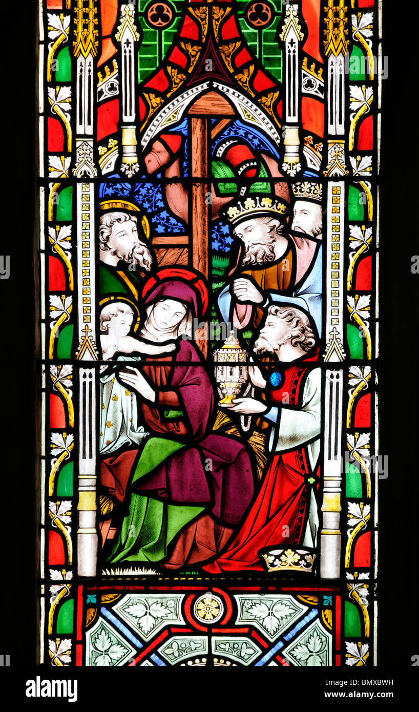 Drei Könige, Geschenke, Baby Jesus, Glasfenster in St. Maria Magdalena Kirche, Geddington, Northamptonshire, England, UK Stockfoto