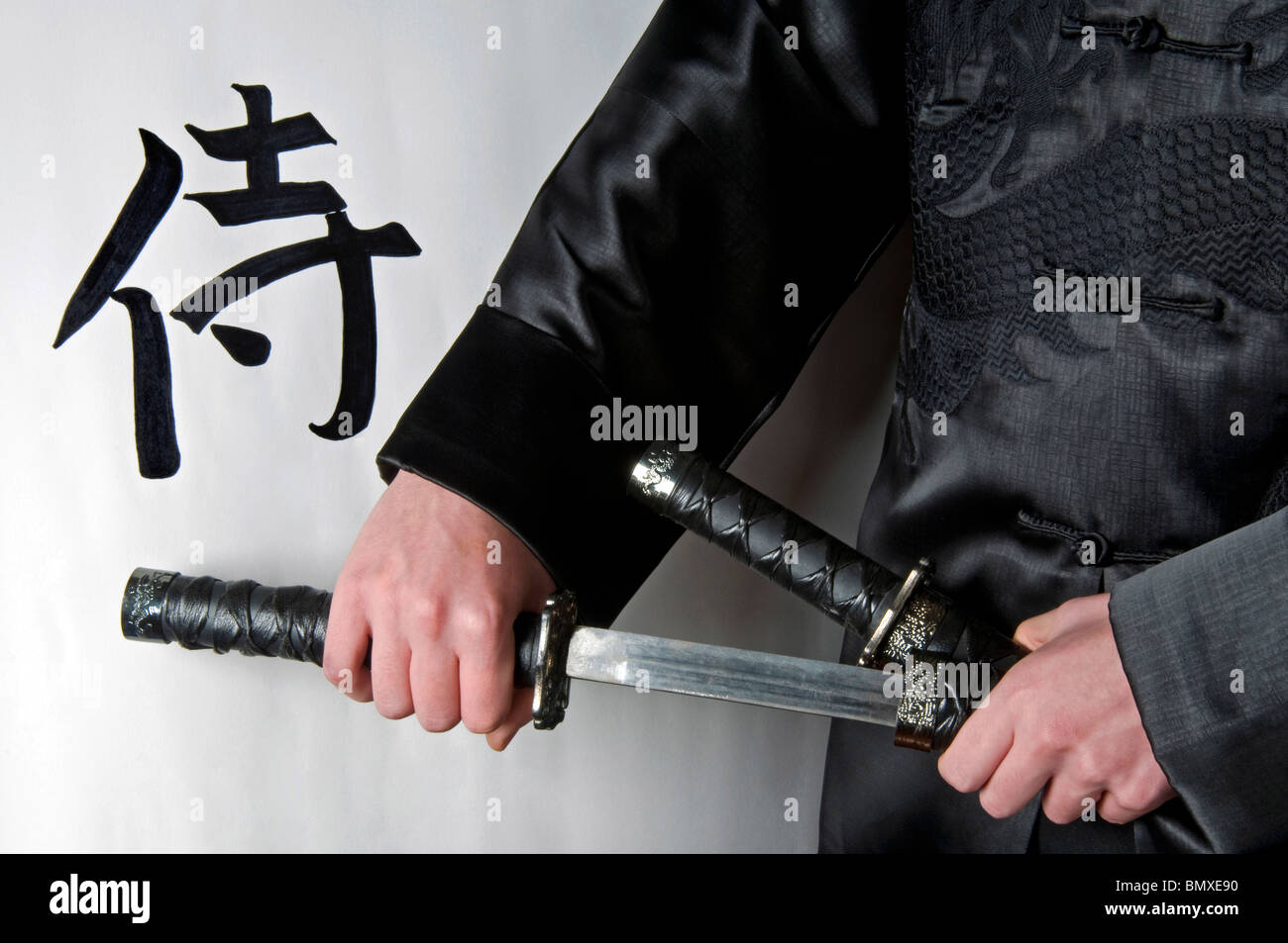 Ideogramm, Samurai und Katana Samuraischwerter, Japan Stockfoto