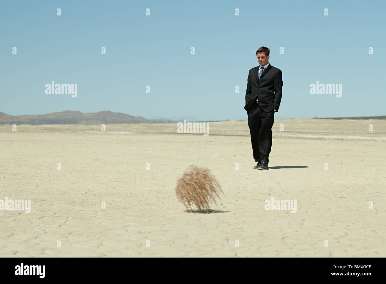 Geschäftsmann in Wüste mit tumbleweed Stockfoto