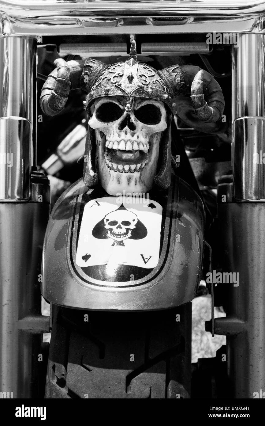 Ein schwarz-weiß-Bild von zurück Radlauf auf einer Harley Davidson Motorrad mit einem Totenkopf und "Ace of Spades" Stockfoto