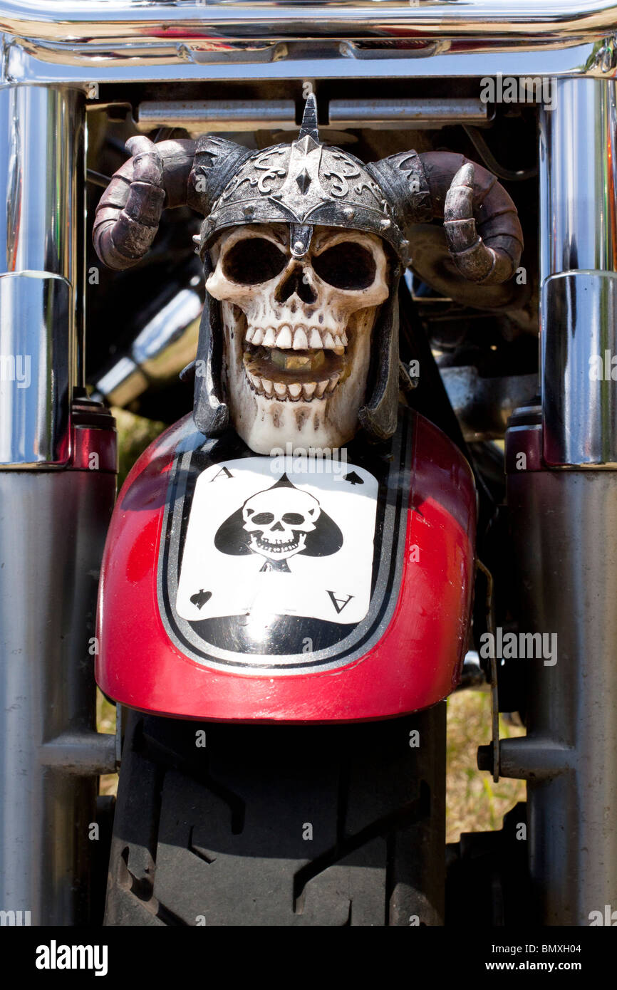 Radkasten eines Harley Davidson Bikes mit einem Totenkopf und "Ace of Spades" zurück Stockfoto